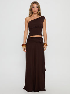   front view of model wearing Princess Polly Full Orbit Shirred Maxi Skirt Chocolate Brown Maxi Skirts 