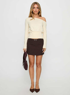   front view of model wearing Princess Polly Yellena Buckle Mini Skirt Brown Pinstripe Mini Skirts 