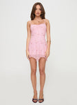 front view of model wearing Princess Polly Harkin Mini Dress Pink Sweetheart Neckline 