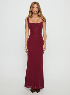 Crisanto Tie Up Ruched Maxi Dress Burgundy