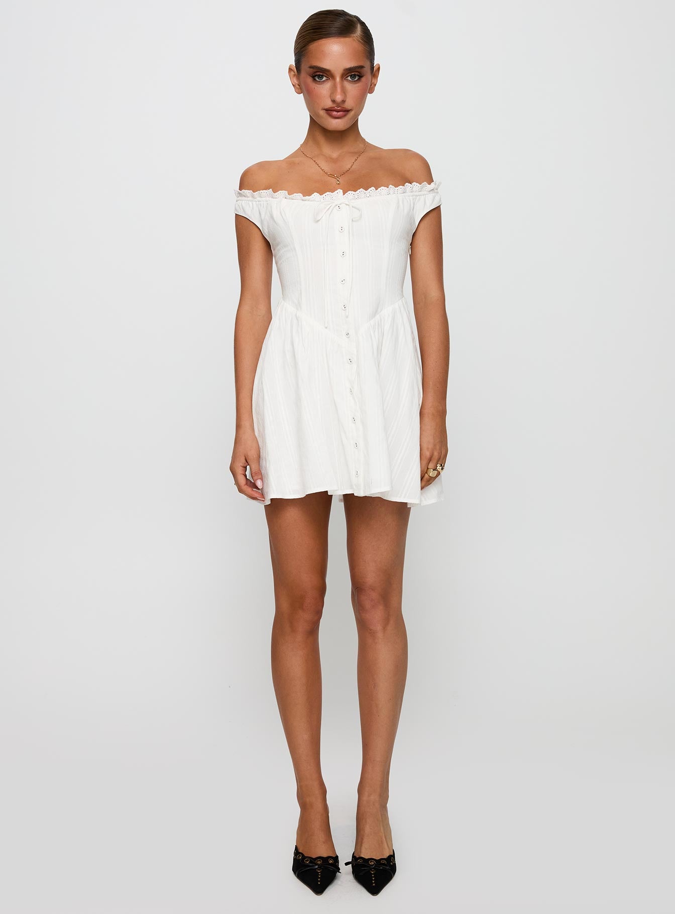 princess polly white off shoulder dress Zoela Off Shoulder Ruffle Mini Dress | White | Womens