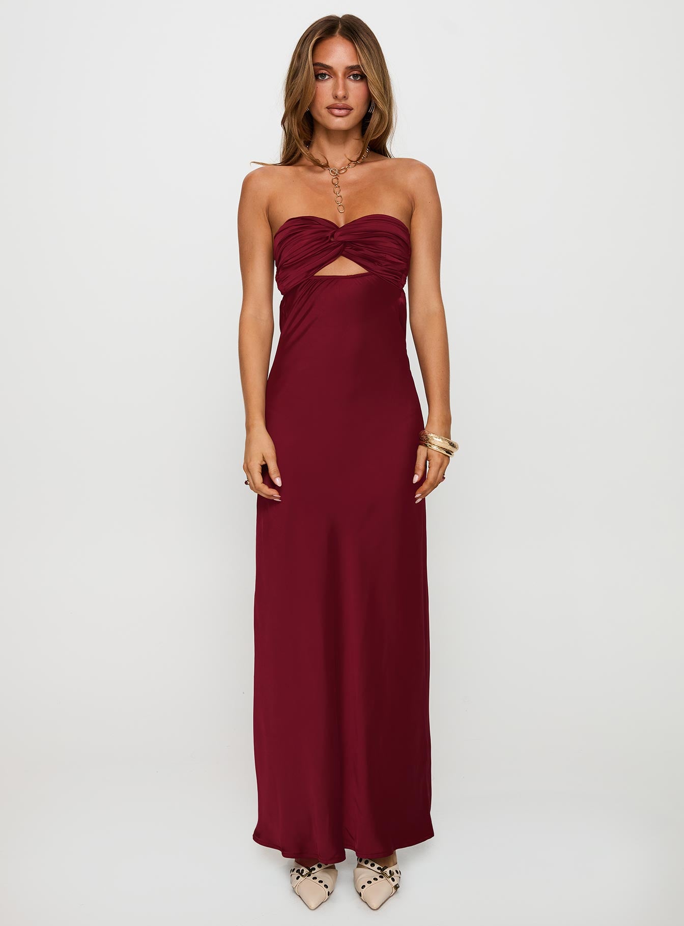 front view of model wearing Princess Polly Faviola Strapless Maxi Dress Burgundy Sweetheart Neckline 