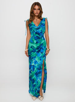 side view of model wearing Princess Polly Symphonies Cowl Maxi Dress Multi Cowl Neck 