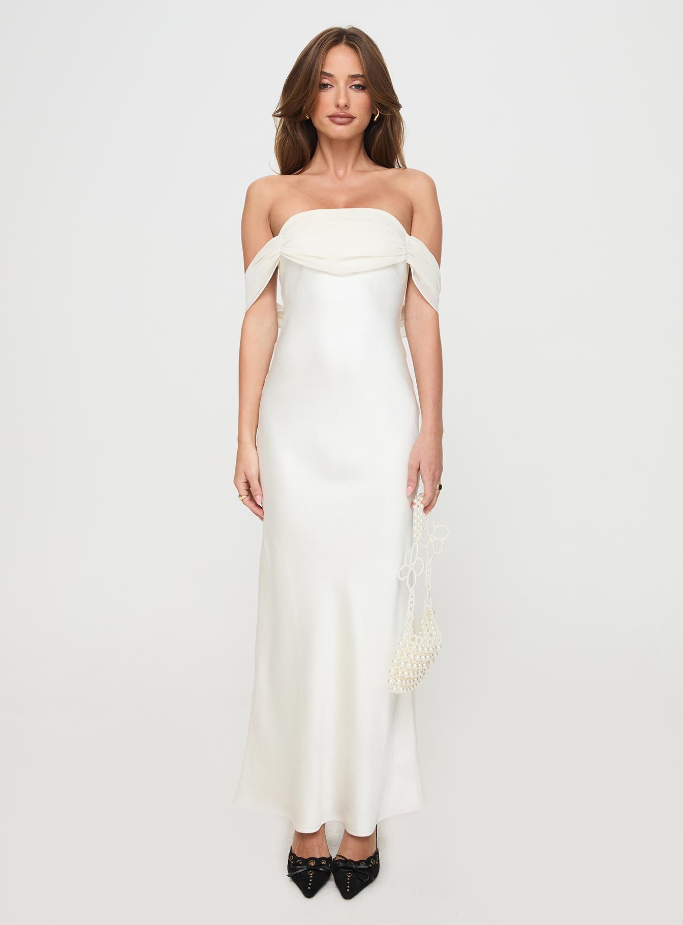 front view of model wearing Princess Polly Adoration Maxi Dress Cream Straight Neck 