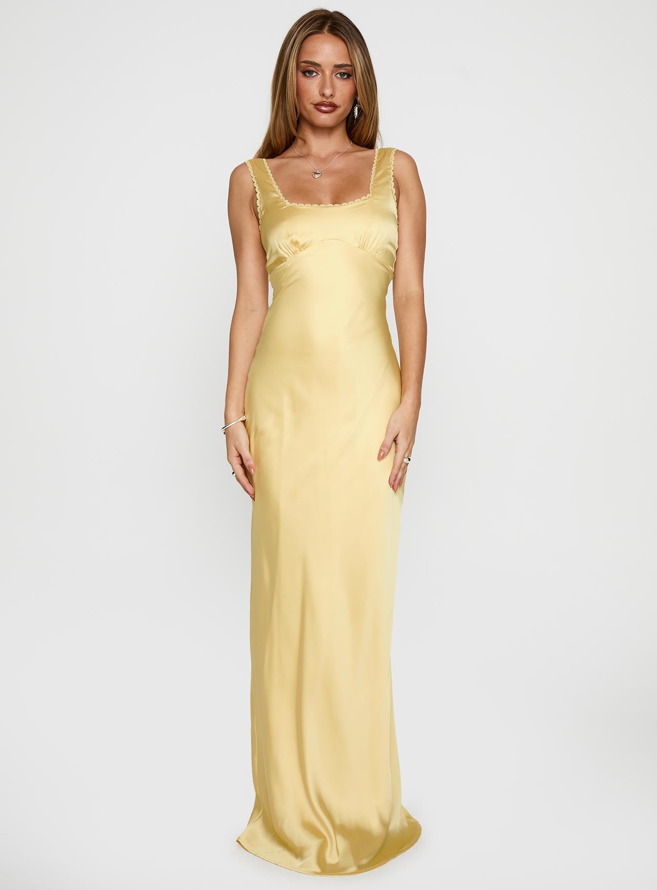 front view of model wearing Princess Polly Dasha Maxi Dress Lemon Square Neck 