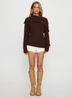 front view of model wearing Princess Polly Kinslea Off Shoulder Knit Sweater Brown regular 