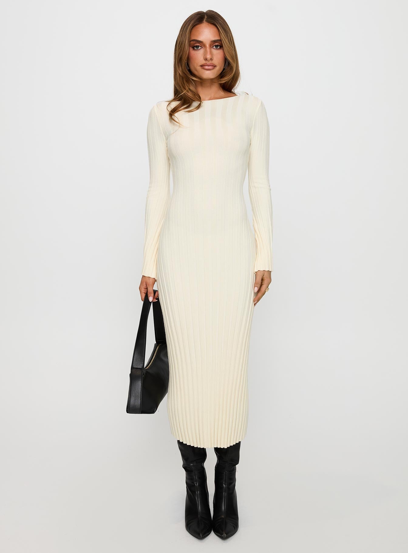 front view of model wearing Princess Polly Ryo Long Sleeve Rib Maxi Dress Cream Boat Neck 