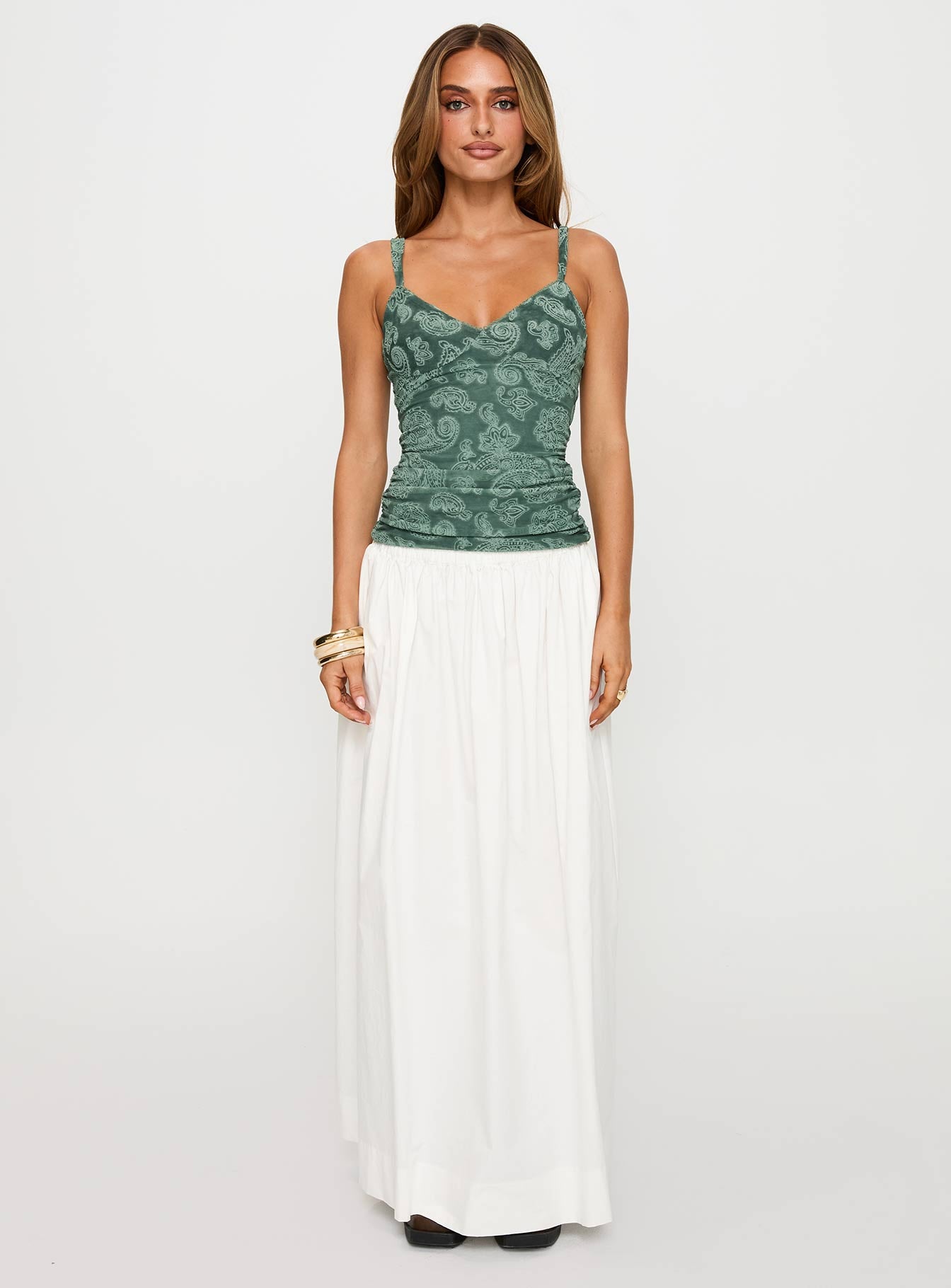 front view of model wearing Princess Polly Attention On Me Top Teal Sleeveless V-Neck 