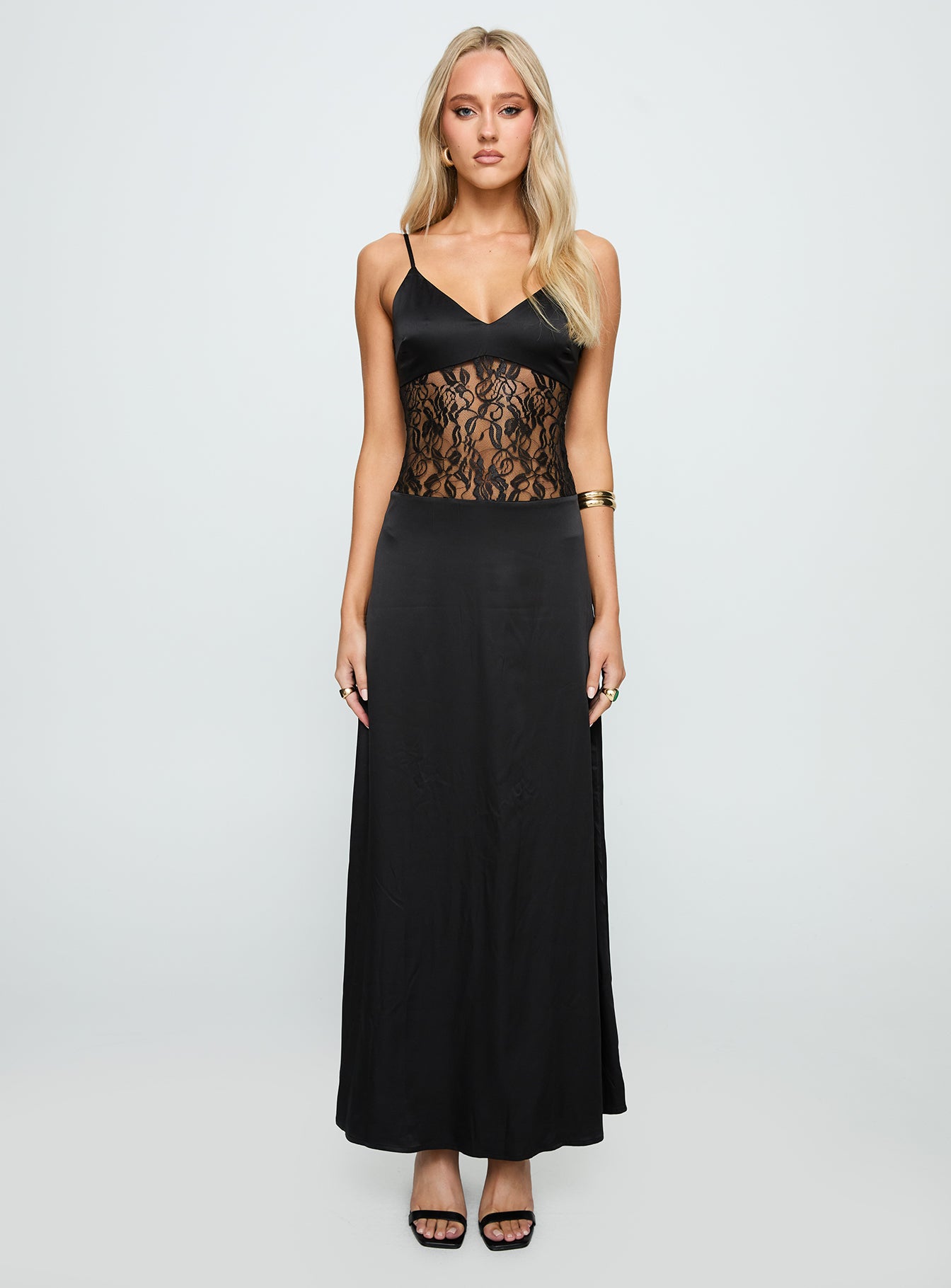 back view of model wearing Princess Polly Captivate Lace Maxi Dress Black V-Neck 