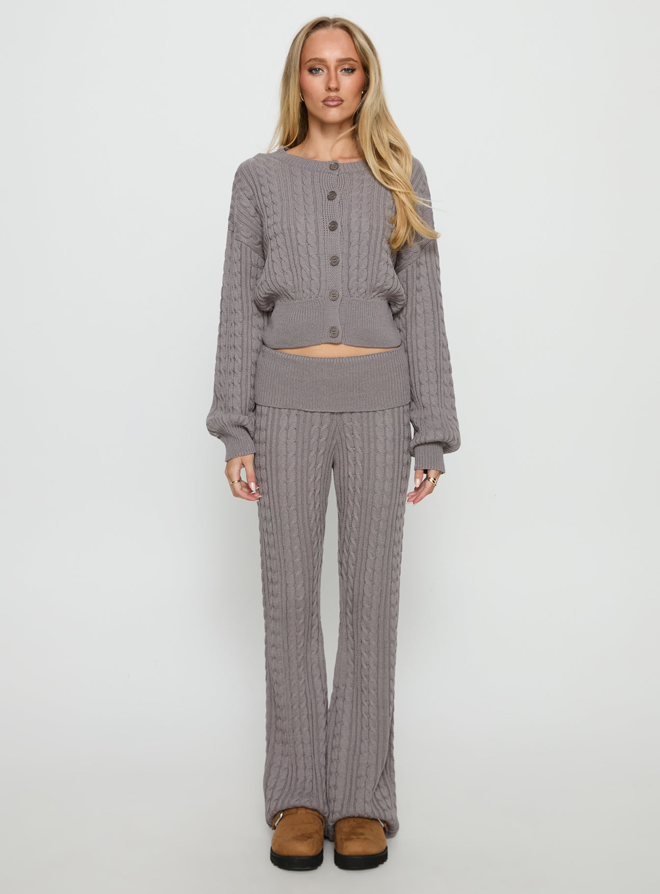 side view of model wearing Princess Polly Baleigh Cable Knit Foldover Pants Grey Mid Rise Pants 