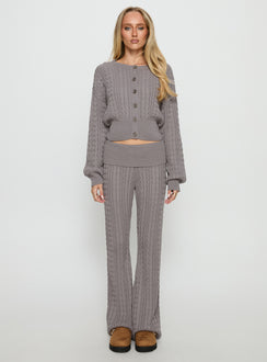 side view of model wearing Princess Polly Baleigh Cable Knit Foldover Pants Grey Mid Rise Pants 