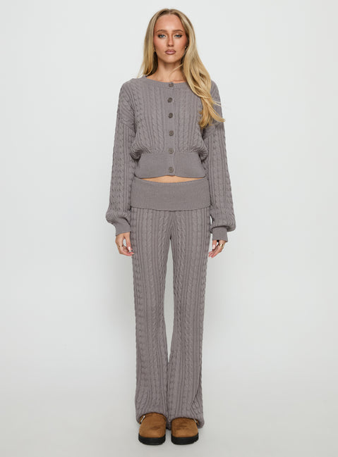 side view of model wearing Princess Polly Baleigh Cable Knit Foldover Pants Grey Mid Rise Pants 