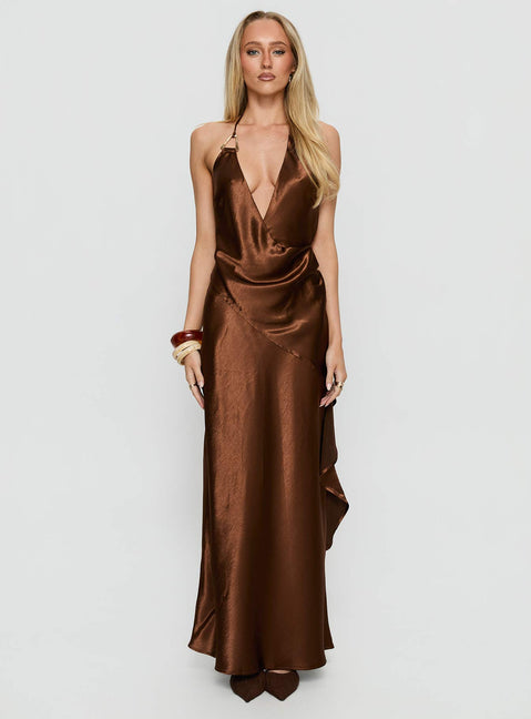 Annissa Plunge Halter Maxi Dress Dark Brown | Princess Polly Annissa Plunge Halter Maxi Dress Dark Brown | Princess Polly