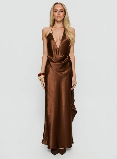 Annissa Plunge Halter Maxi Dress Dark Brown