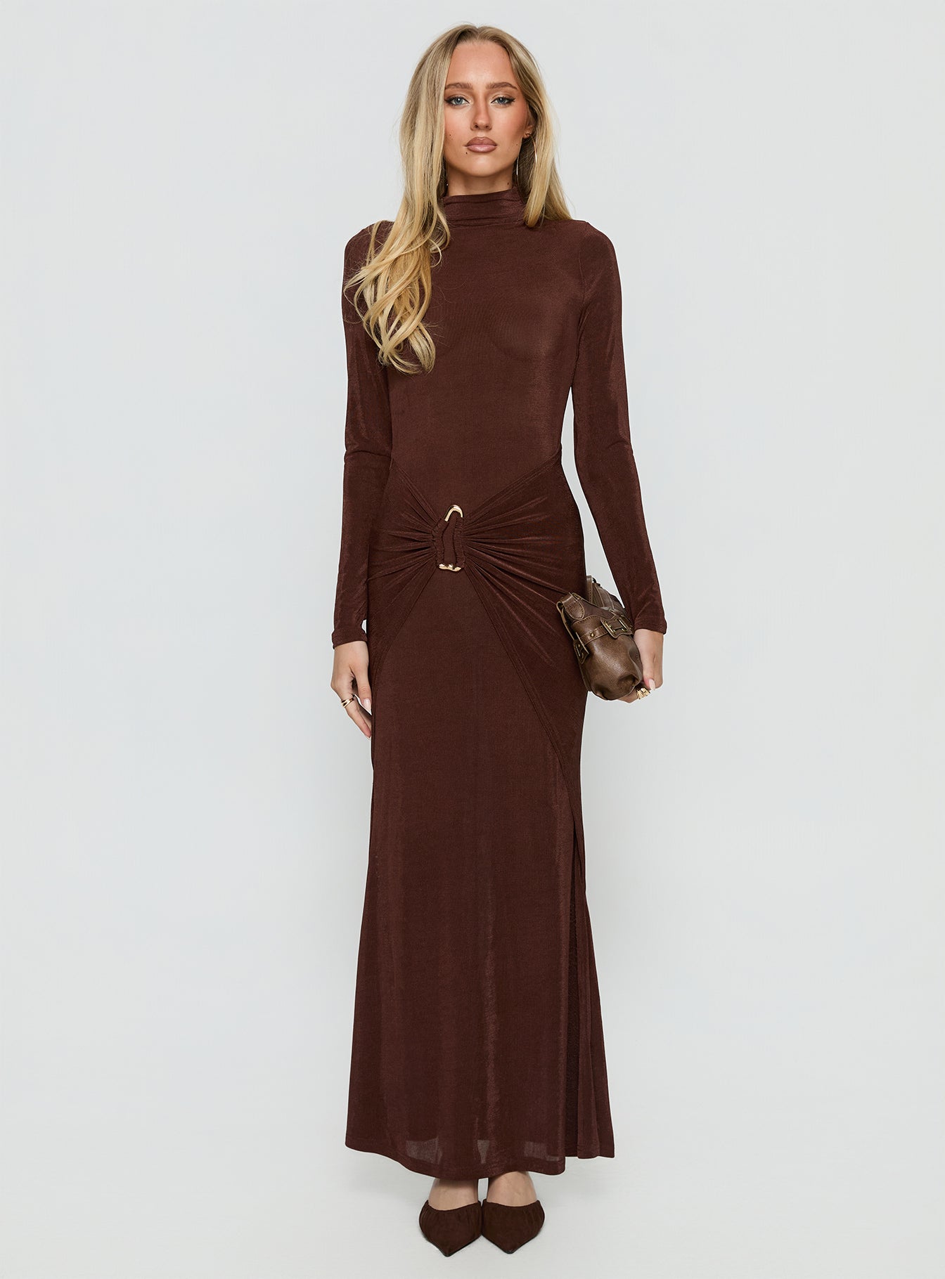 Yaqueline Long Sleeve Ruched Maxi Dress Chocolate