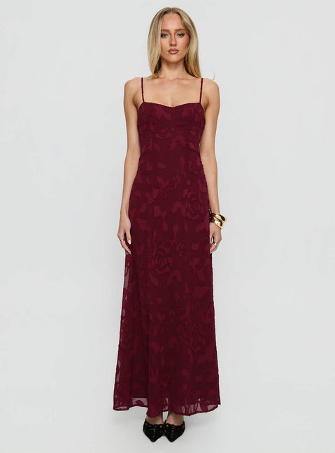 Leading Lady Sweetheart Maxi Dress Red Floral Burnout