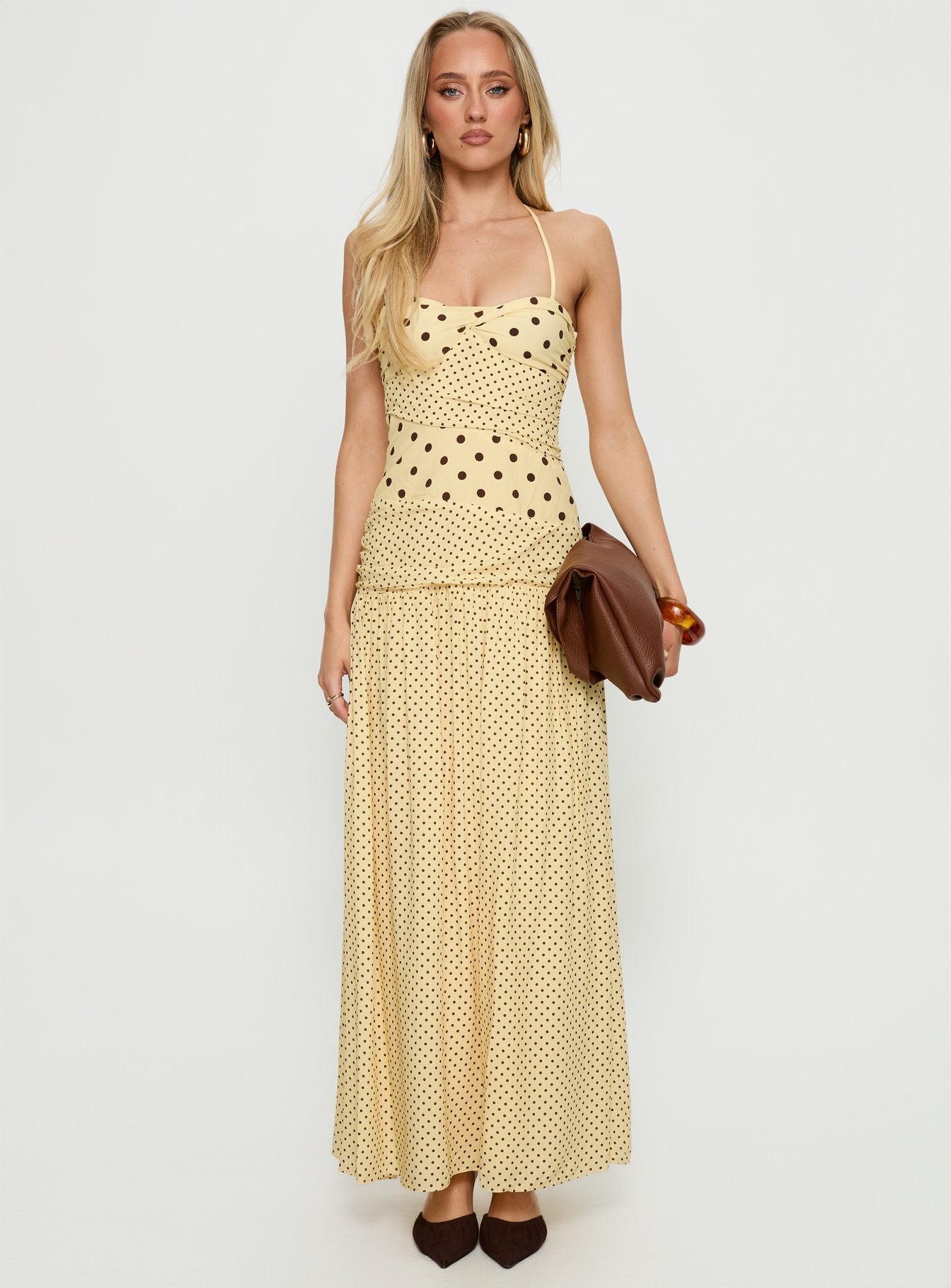 Marguerite Halter Maxi Dress Lemon | Brown Polka Dot | Lemon | Brown Polka Dot | Womens | Princess Polly Lower Impact Marguerite Halter Maxi Dress Lemon | Brown Polka Dot | Lemon | Brown Polka Dot | Womens | Princess Polly Lower Impact