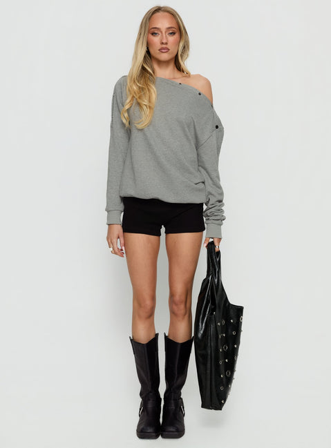 front view of model wearing Princess Polly Hazle Stud Detail Off Shoulder Jumper Grey Longline Jumpers 