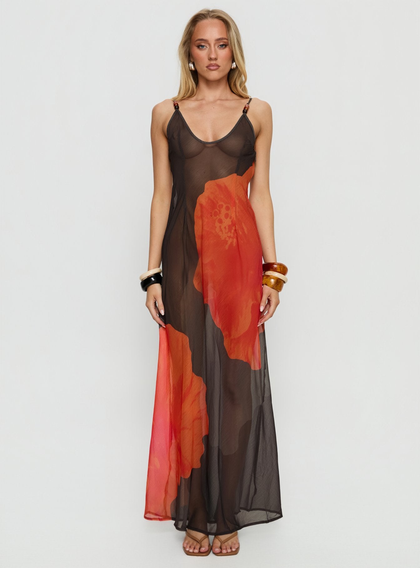 Carita Sheer Chiffon Maxi Dress Brown / Orange Floral | Princess Polly Carita Sheer Chiffon Maxi Dress Brown / Orange Floral | Princess Polly