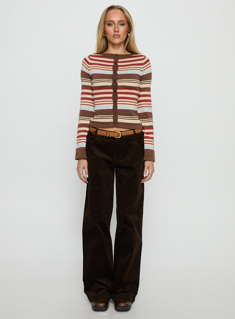 front view of model wearing Princess Polly Kenza Wide Leg Corduroy Pant Brown Mid Rise Pants 