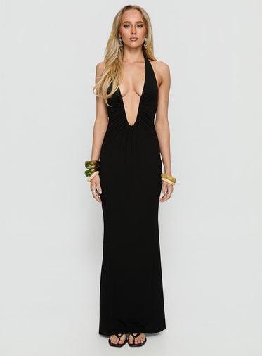 Emabella Plunge Halter Maxi Dress Black