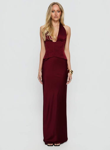 In A Trance Halter Corset Maxi Dress Red