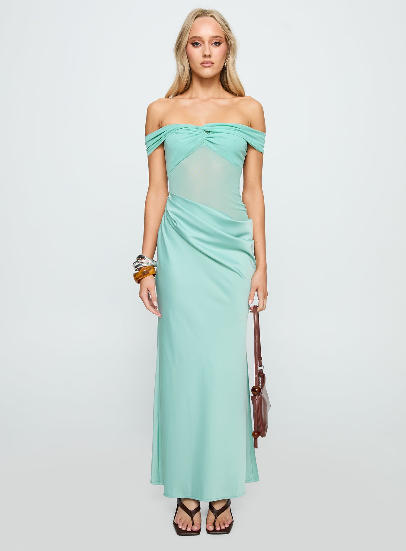 front view of model wearing Princess Polly Only Exception Off The Shoulder Maxi Dress Aqua Straight Neck 
