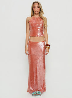 Emalia Halter Sheer Sequin Top Orange