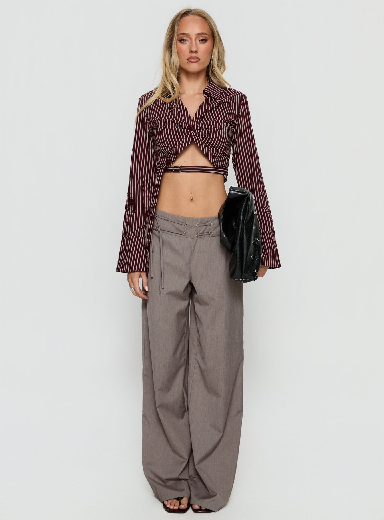Xylia Wrap Detail Cropped Long Sleeve Top Brown Stripe | Princess
