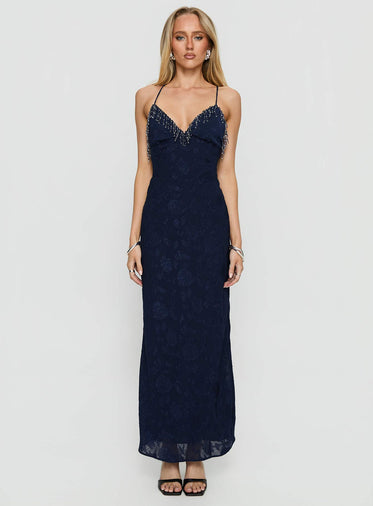 Alvera Fringe Beaded Maxi Dress Navy