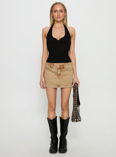 Nicolina Low Rise Denim Mini Skirt Sandy Brown