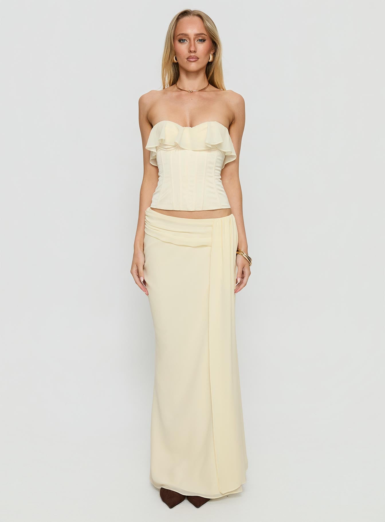   front view of model wearing Princess Polly Holliann Draped Maxi Skirt Butter Maxi Skirts 