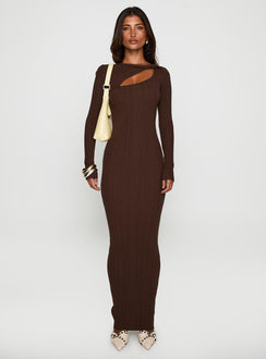 front view of model wearing Princess Polly Gyselle Long Sleeve Maxi Dress Brown Boat Neck 