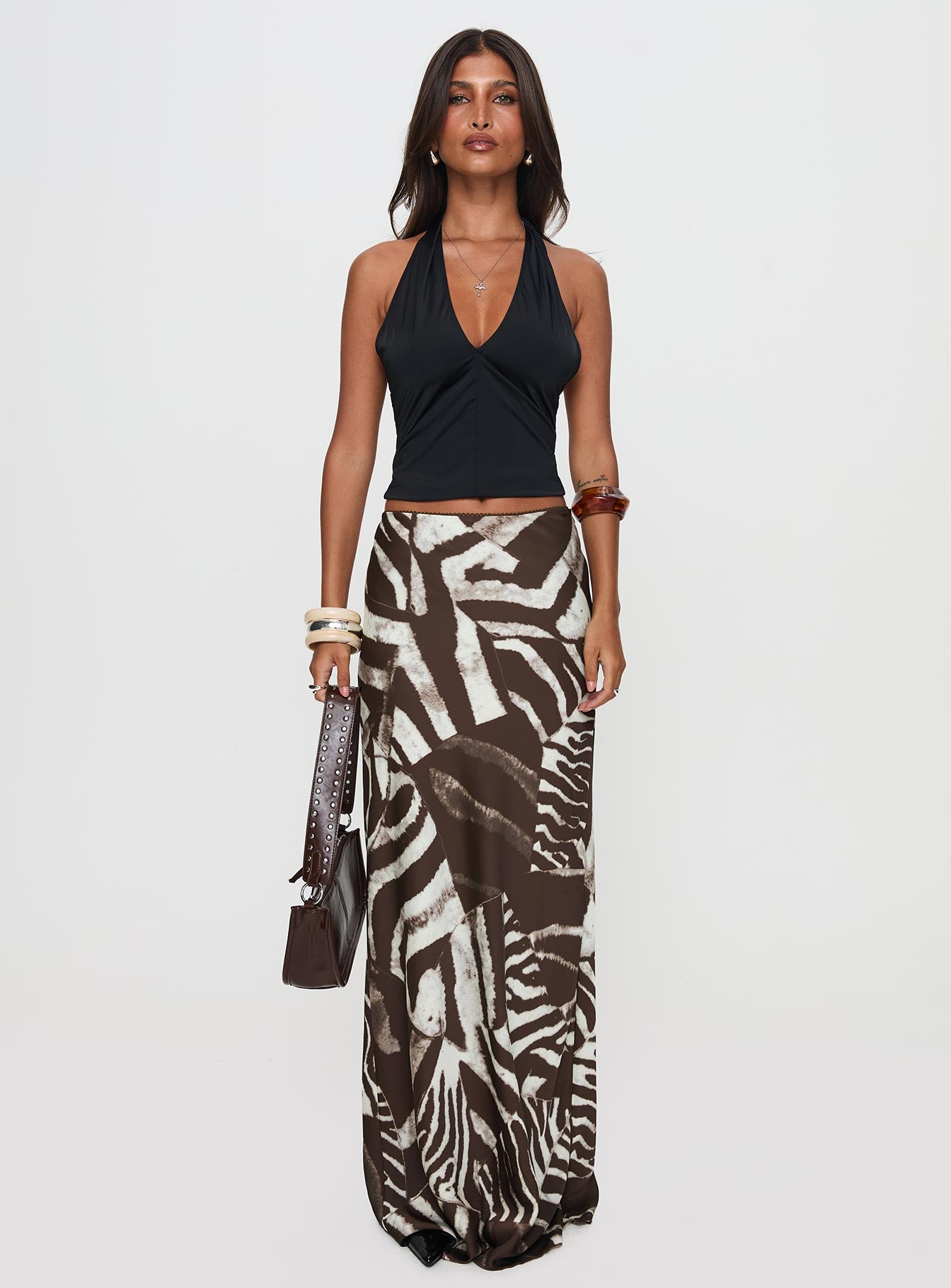   front view of model wearing Princess Polly Rowana Maxi Skirt Multi Maxi 