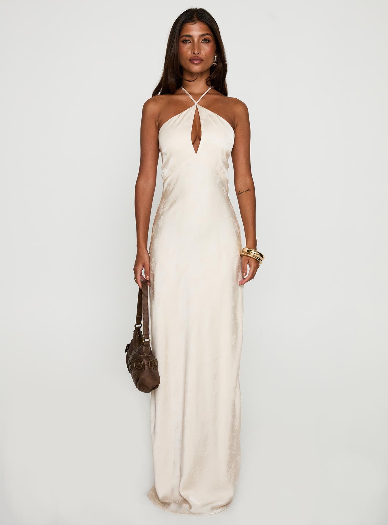 front view of model wearing Princess Polly Limosina Halter Maxi Dress Champagne Plunger 