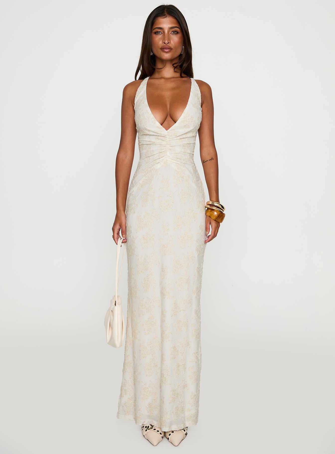front view of model wearing Princess Polly Starcrossed Halter Maxi Dress Cream Plunger 