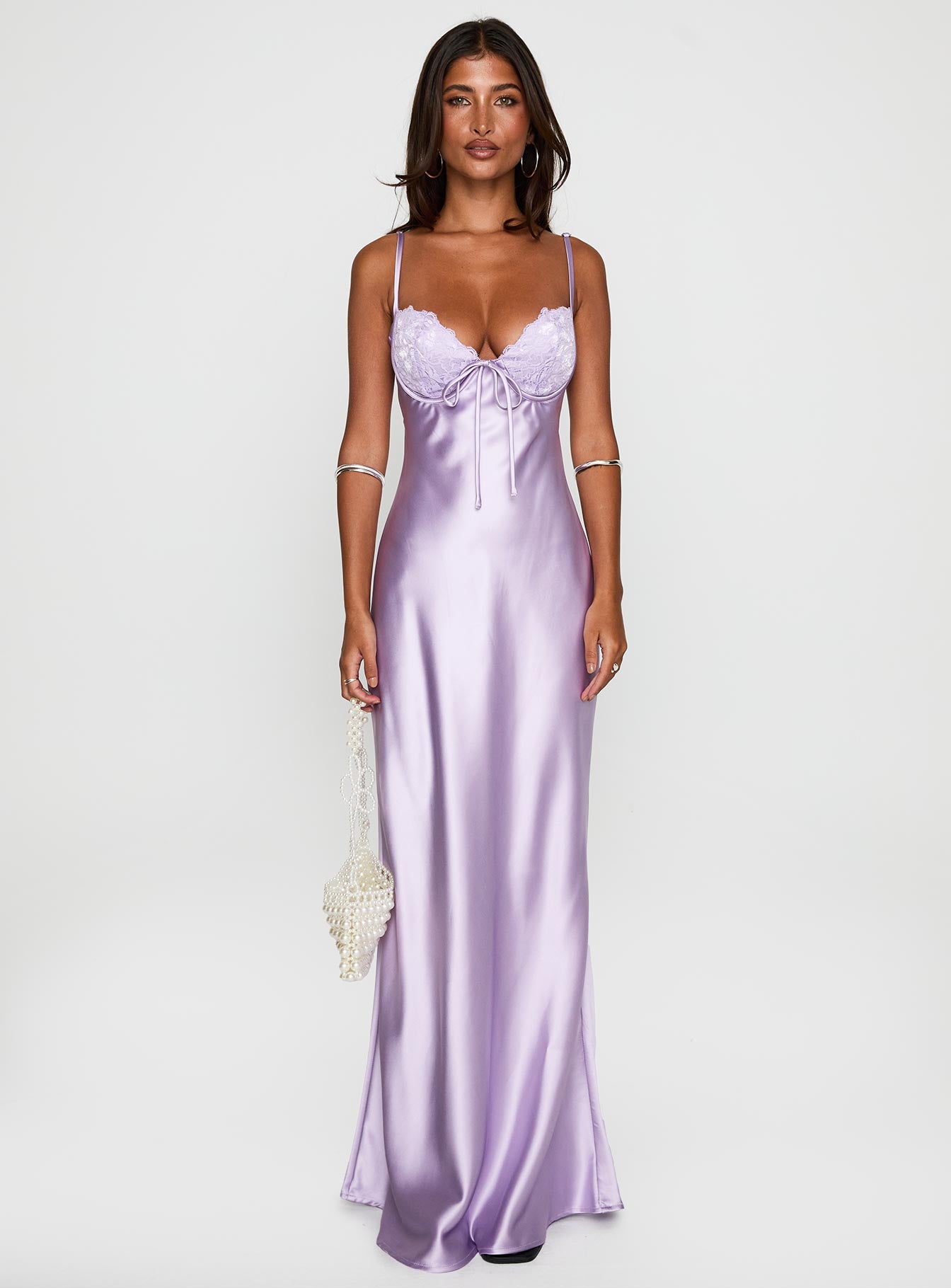 side view of model wearing Princess Polly Fadyen Bias Cut Maxi Dress Lilac Sweetheart Neckline 