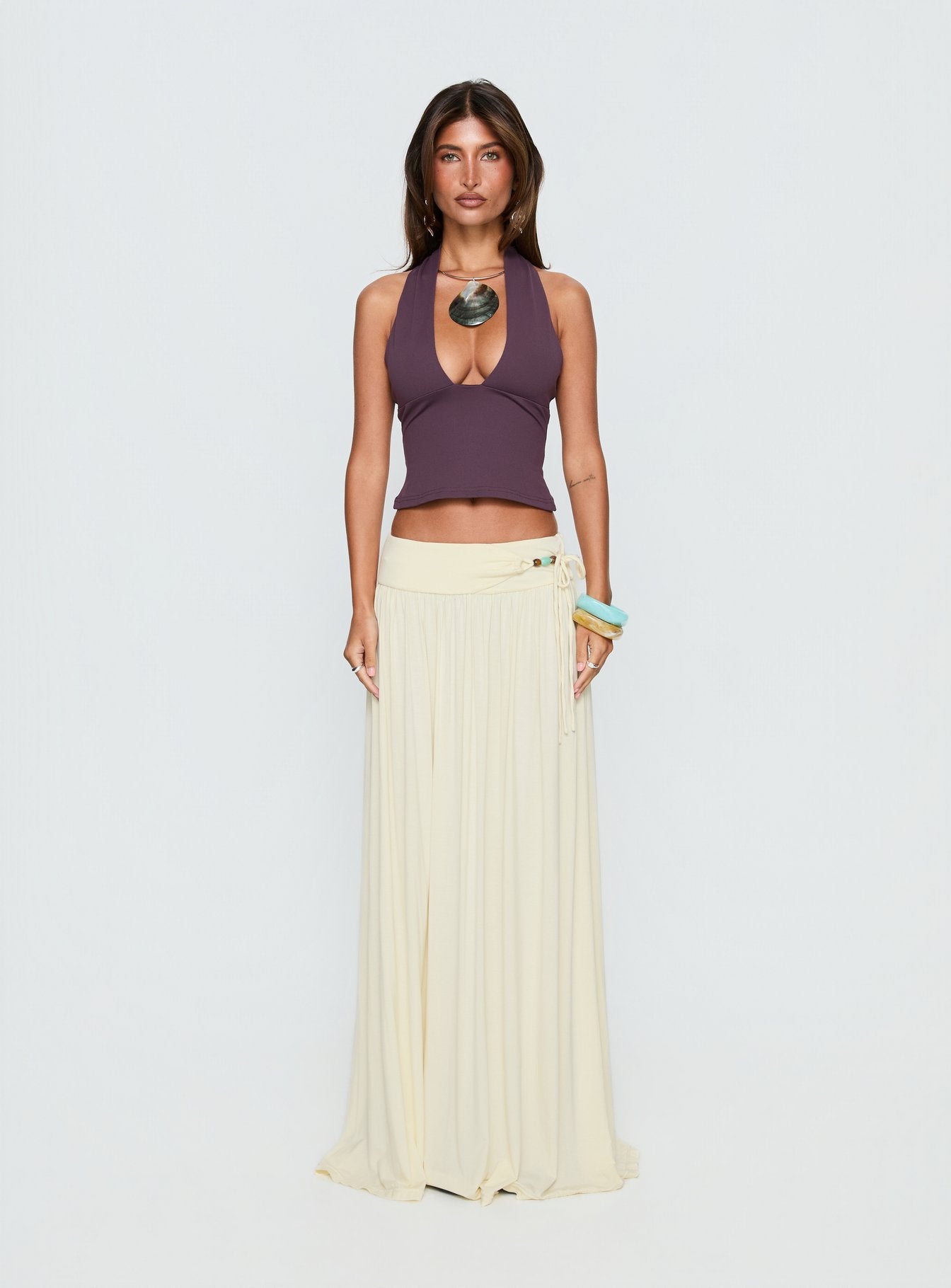 Velvet Storm Tie Detail Flowy Maxi Skirt Cream | Princess Polly