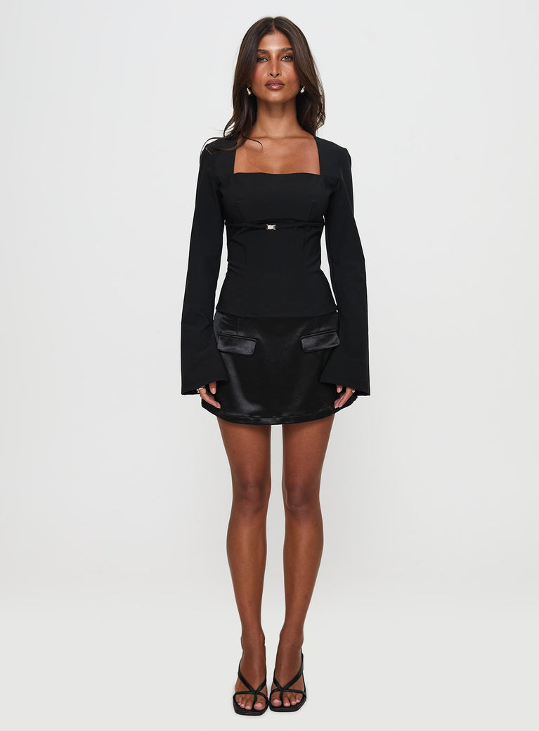 Flounce Long Sleeve Top Black