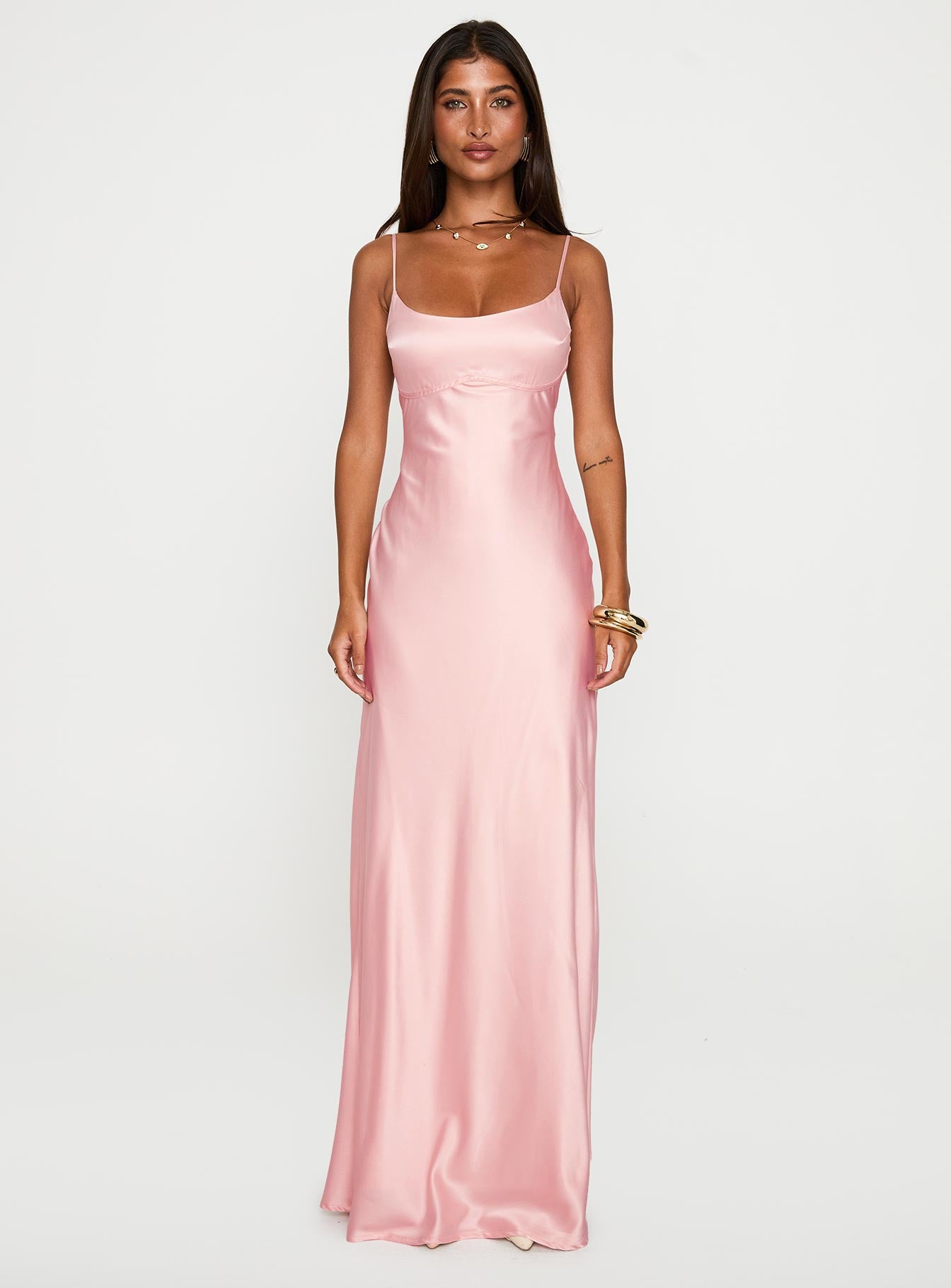 front view of model wearing Princess Polly Ravia Maxi Dress Pink Scoop Neck 