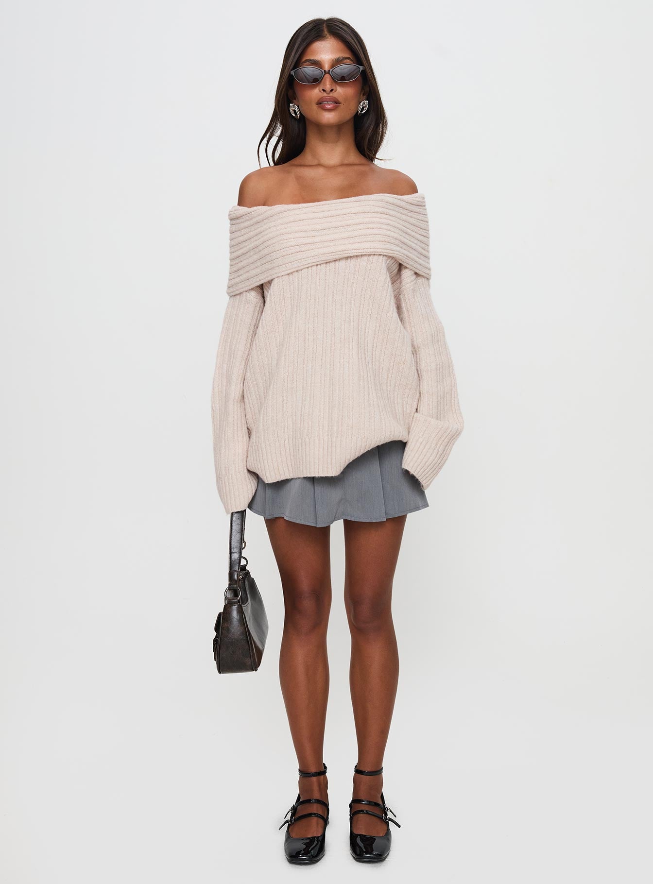front view of model wearing Princess Polly Mirrelle Off Shoulder Knit Sweater Beige Long 
