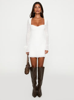 front view of model wearing Princess Polly Dalzine Long Sleeve Mini Dress White Sweetheart Neckline 