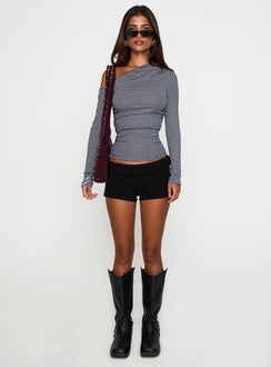 side view of model wearing Princess Polly Beller Long Sleeve Top Navy Stripe Full Sleeves Asymmetric Neckline 