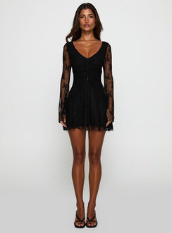 side view of model wearing Princess Polly Kateryna Long Sleeve Lace Mini Dress Black V-Neck 
