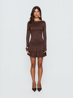 Mallissa Long Sleeve Ruffled Mini Dress Brown