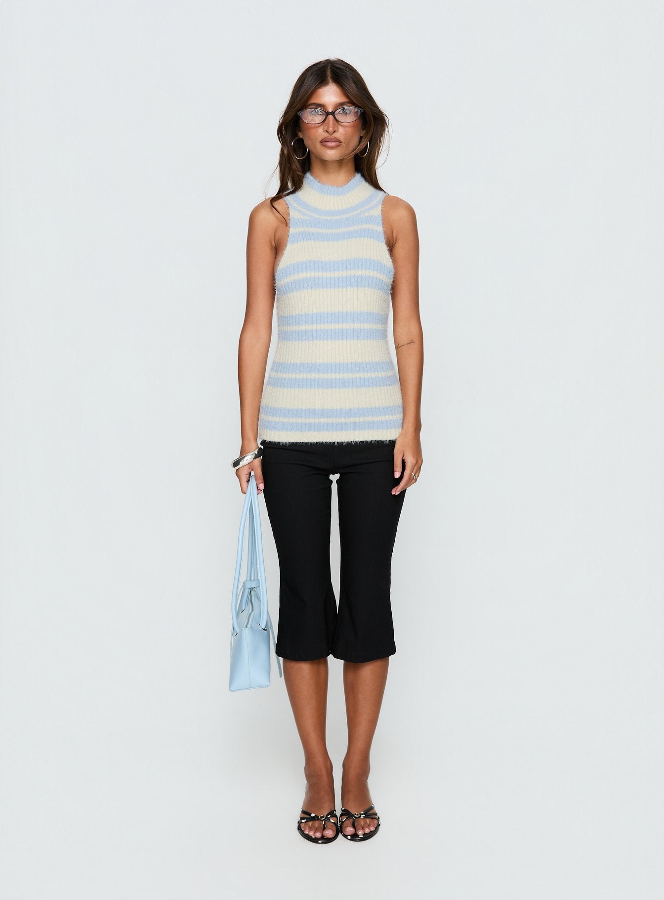 Heide High Neck Fluffy Top Blue Stripe | Princess Polly