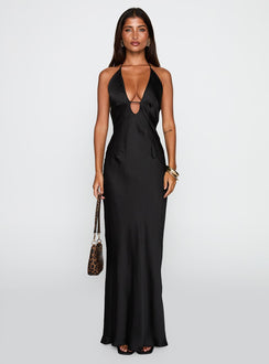 side view of model wearing Princess Polly Yasminn Maxi Dress Black Plunger 