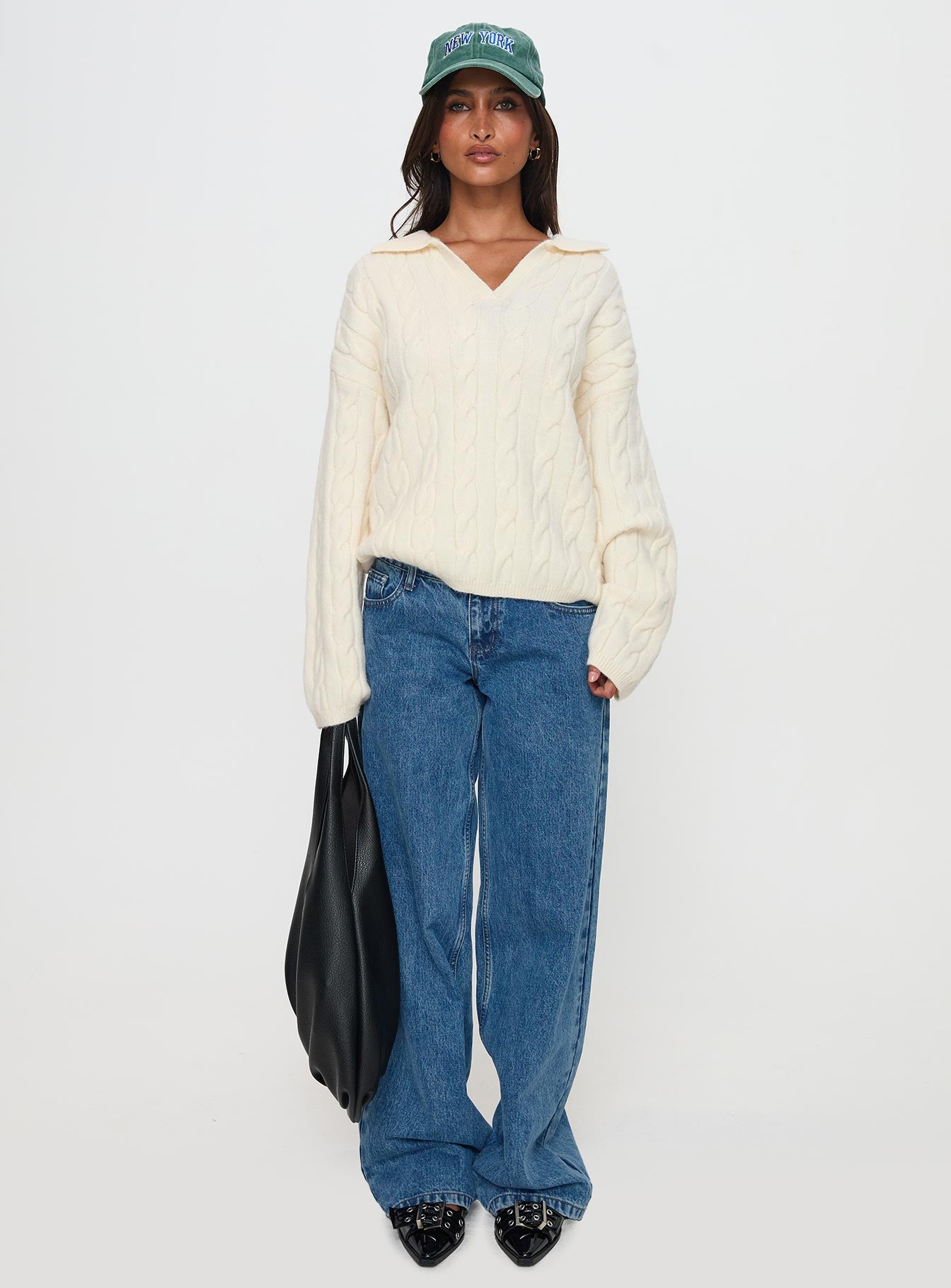 front view of model wearing Princess Polly Brodey Collared Cable Knit Sweater Cream Long 