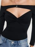 back view of model wearing Princess Polly Bleue Long Sleeve Bodysuit Black Full Sleeves 