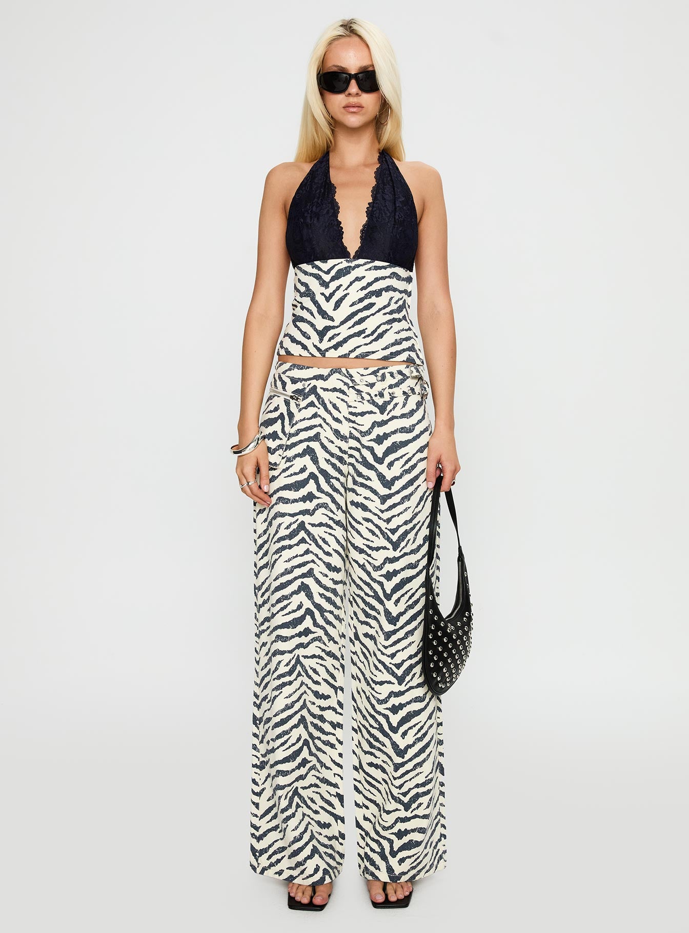 front view of model wearing Princess Polly Paltrow Cargo Pant Zebra High Waisted 